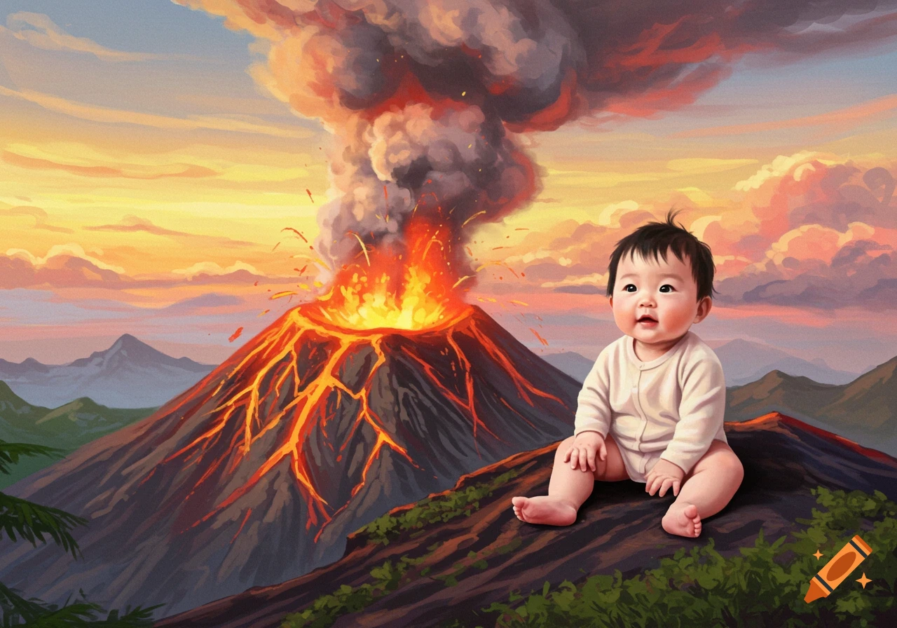 A baby sits on the side of an erupting volcano at sunset, in a painterly style.