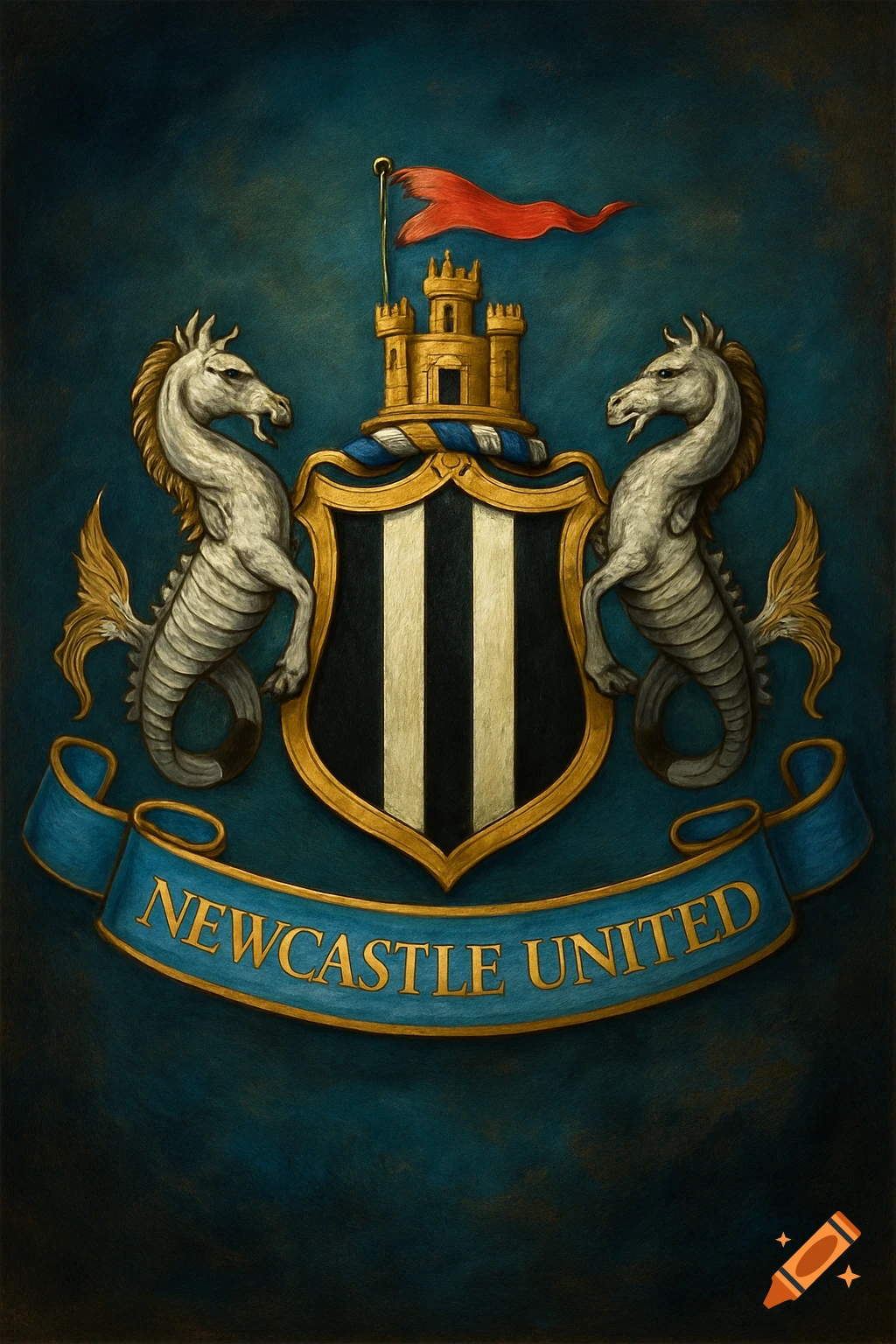 Painted Newcastle United crest with shield, castle, and sea creatures