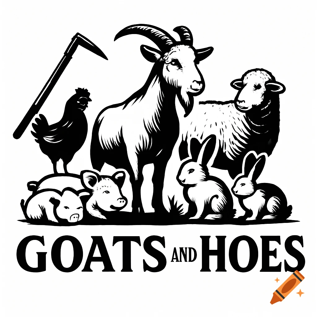Black and white logo featuring a goat, sheep, chicken, pigs, rabbits, and a scythe/hoe, with the text GOATS AND HOES.