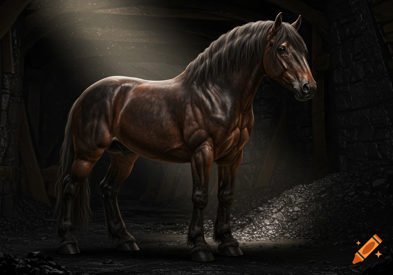 A dark brown horse stands in a dimly lit cave or mine.