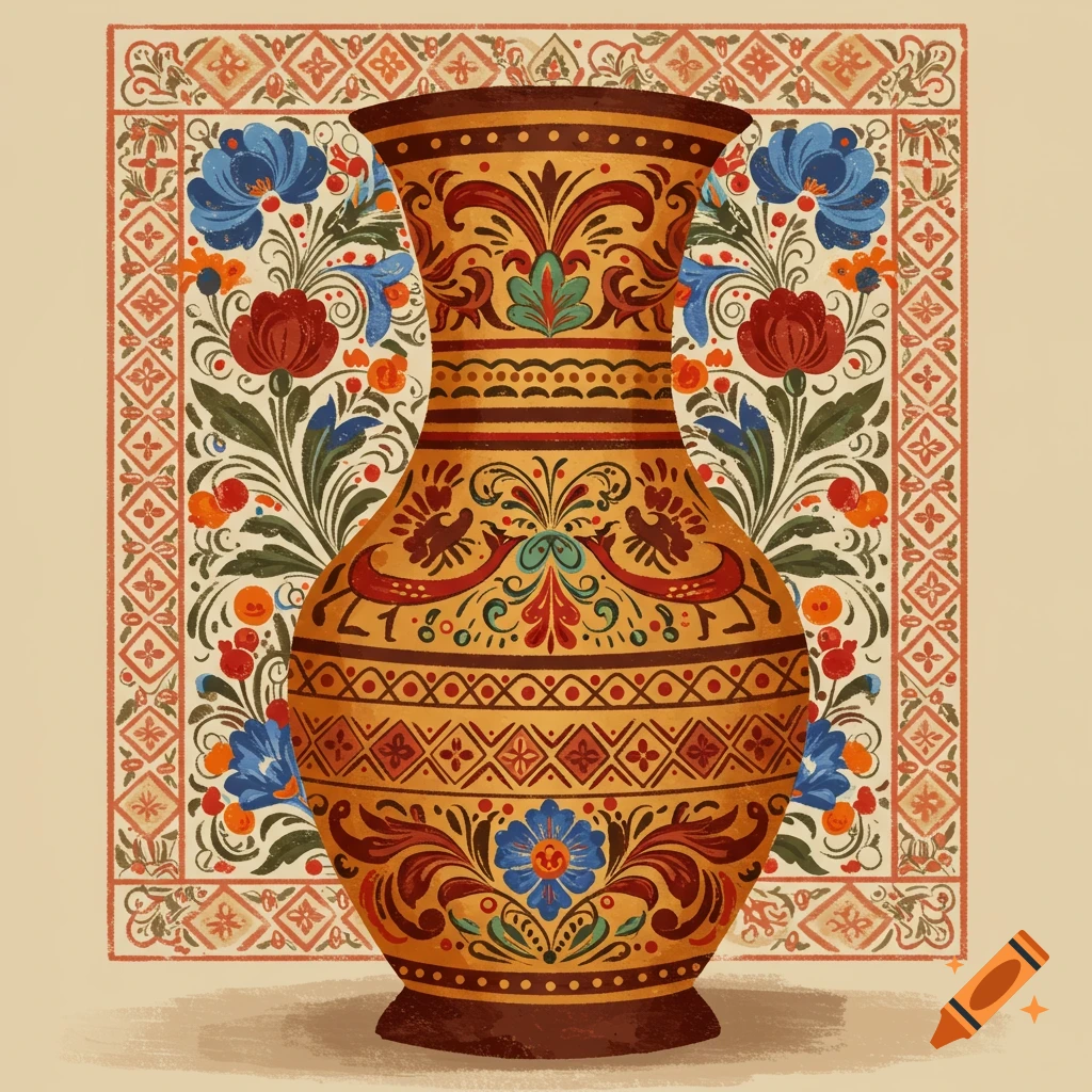 A decorative vase with colorful folk art patterns against a patterned background.