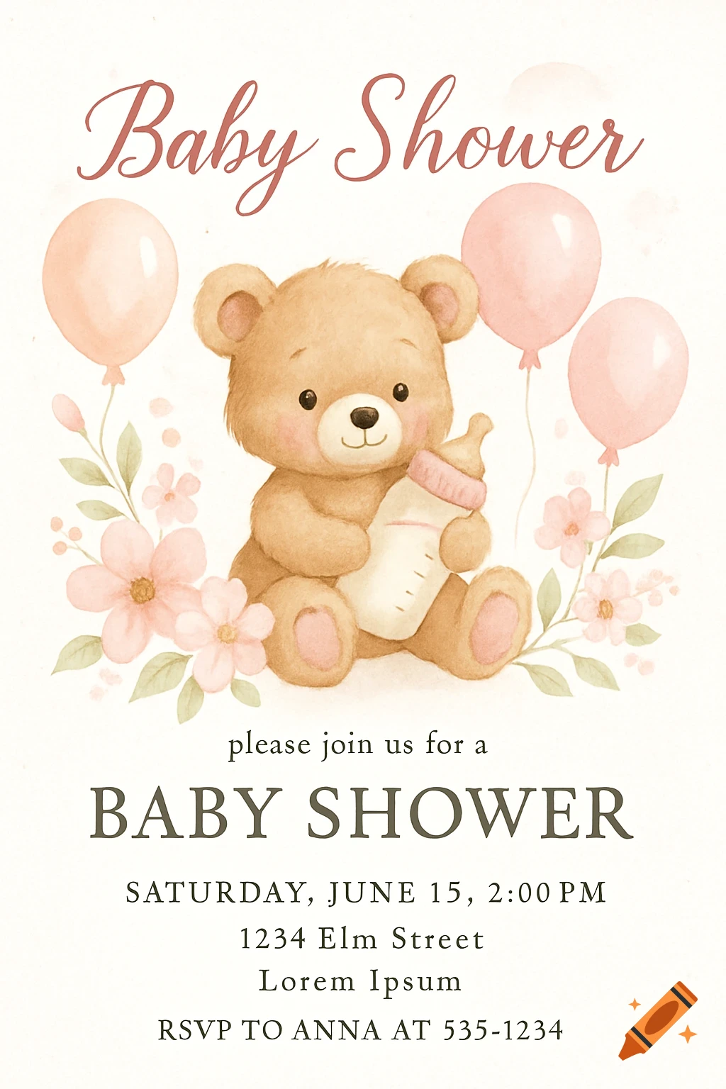 Watercolor baby shower invitation with a cute teddy bear holding a bottle, surrounded by pink balloons and flowers.