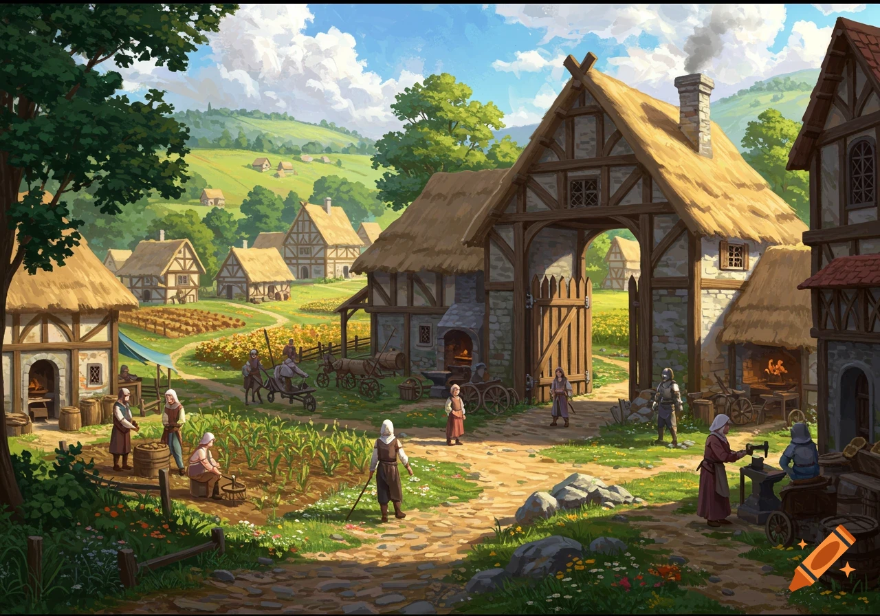 An illustrated scene of a bustling late medieval village with thatched houses, fields, and people working.