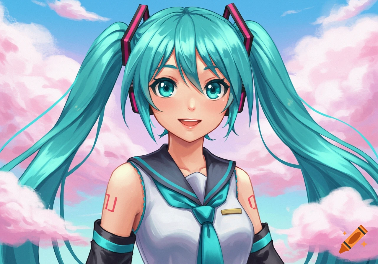 Close-up anime illustration of Hatsune Miku smiling, with teal pigtails, headphones, and school uniform, against a pink cloudy sky.