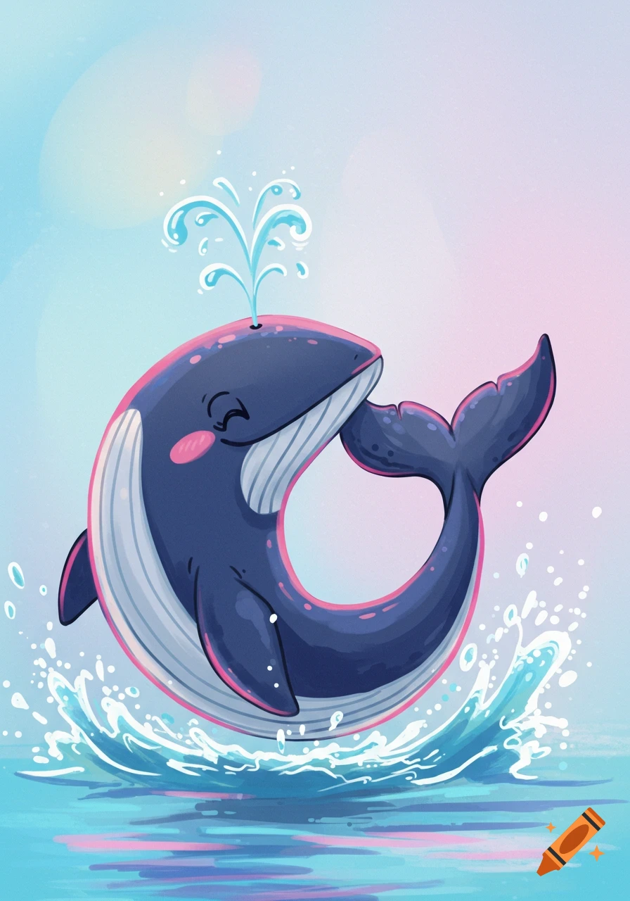 Cartoon whale jumps out of the water, spraying water from its blowhole.