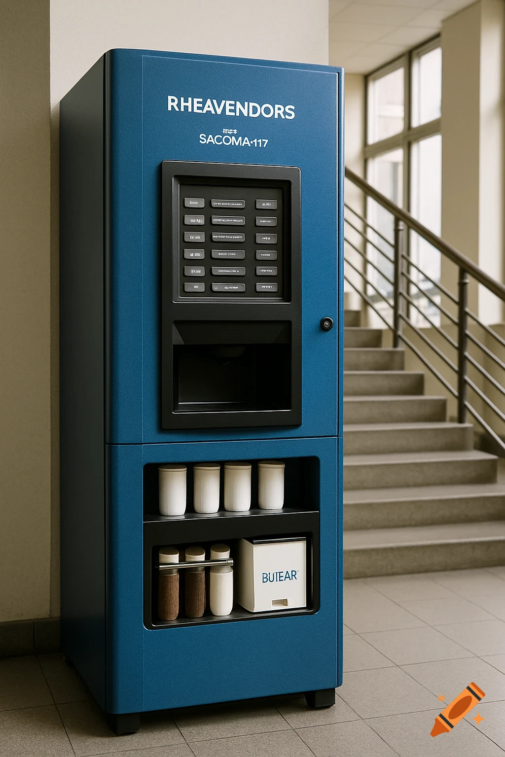 A blue vending machine stands in a building hallway next to a staircase.