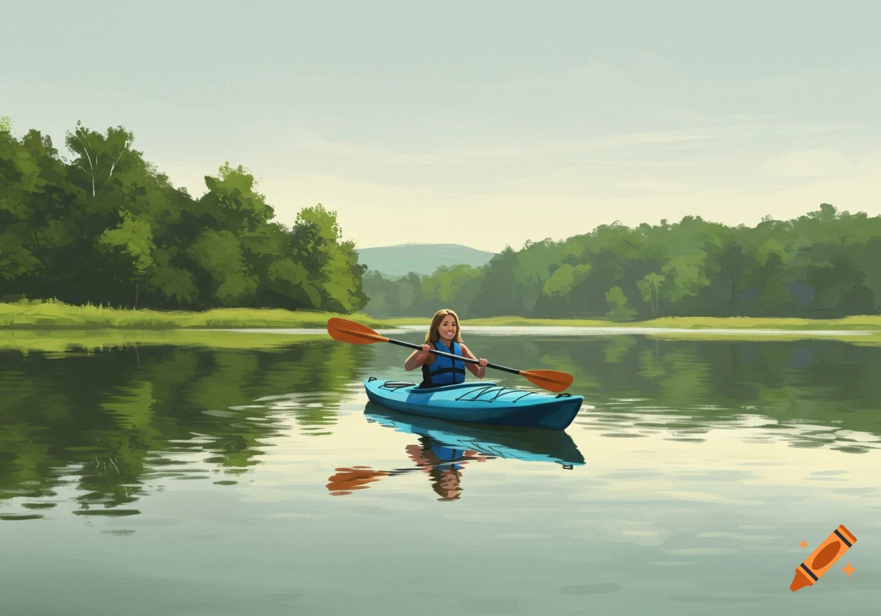 An illustration of a woman kayaking on a calm lake surrounded by green trees and grass under a light sky.
