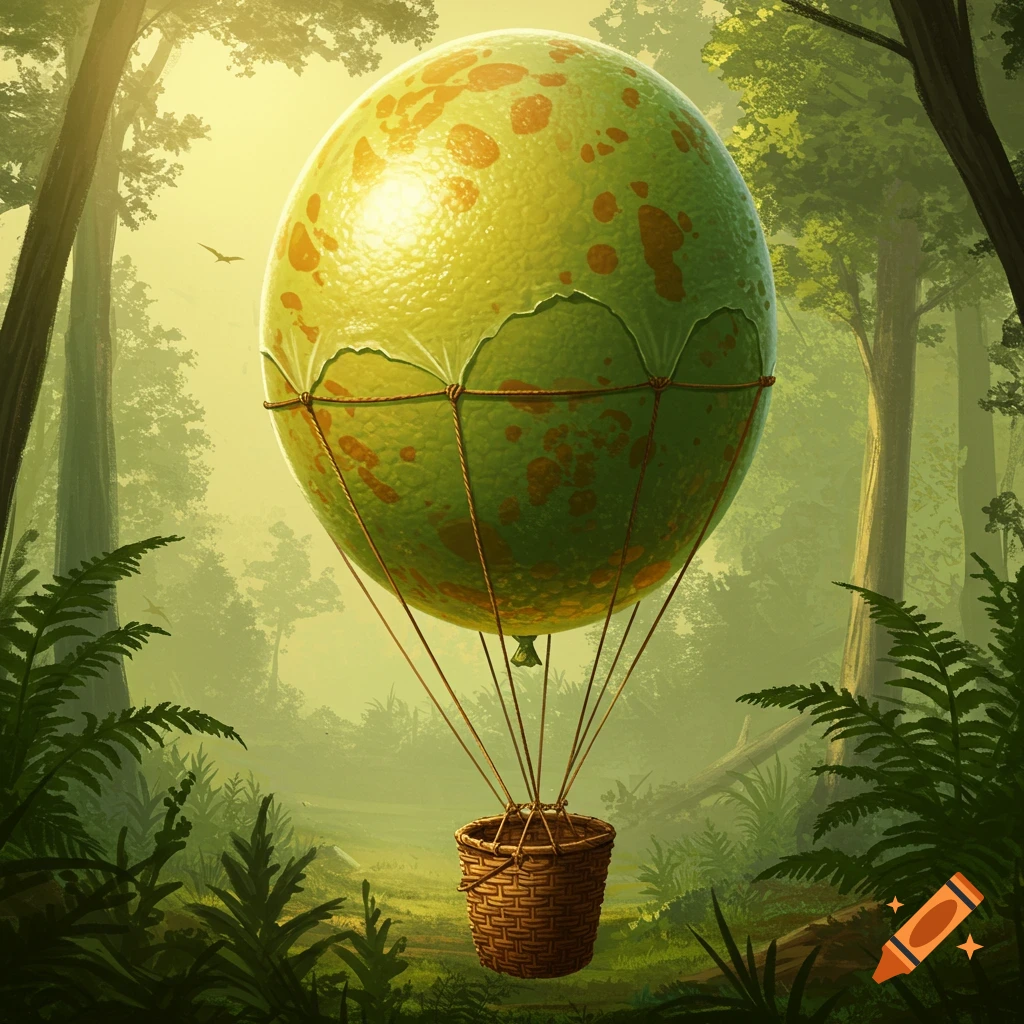 A hot air balloon shaped like a speckled green dinosaur egg floats above a lush forest.