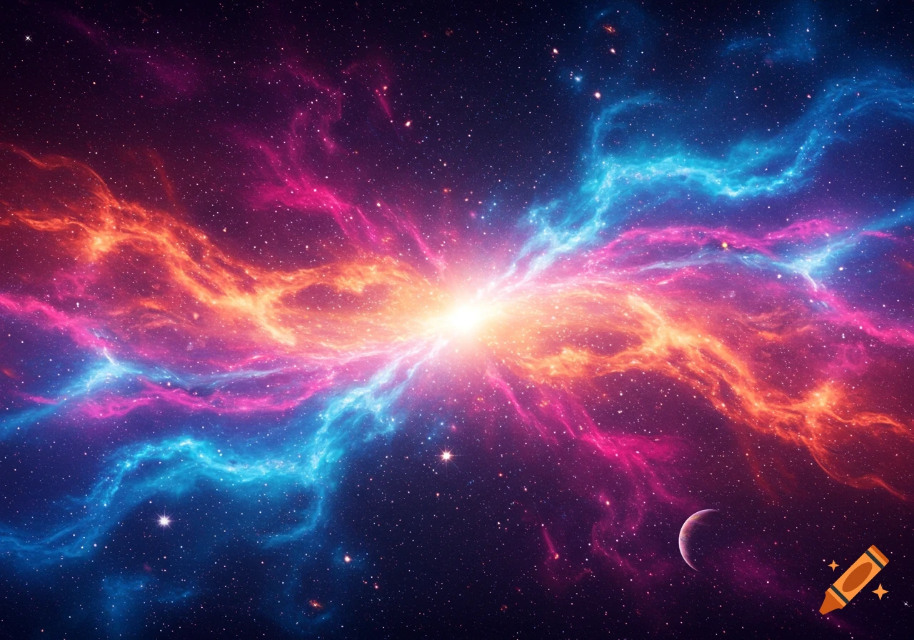 A vibrant nebula in space with streams of orange, pink, and blue gas surrounded by stars, and a crescent moon at the bottom right.