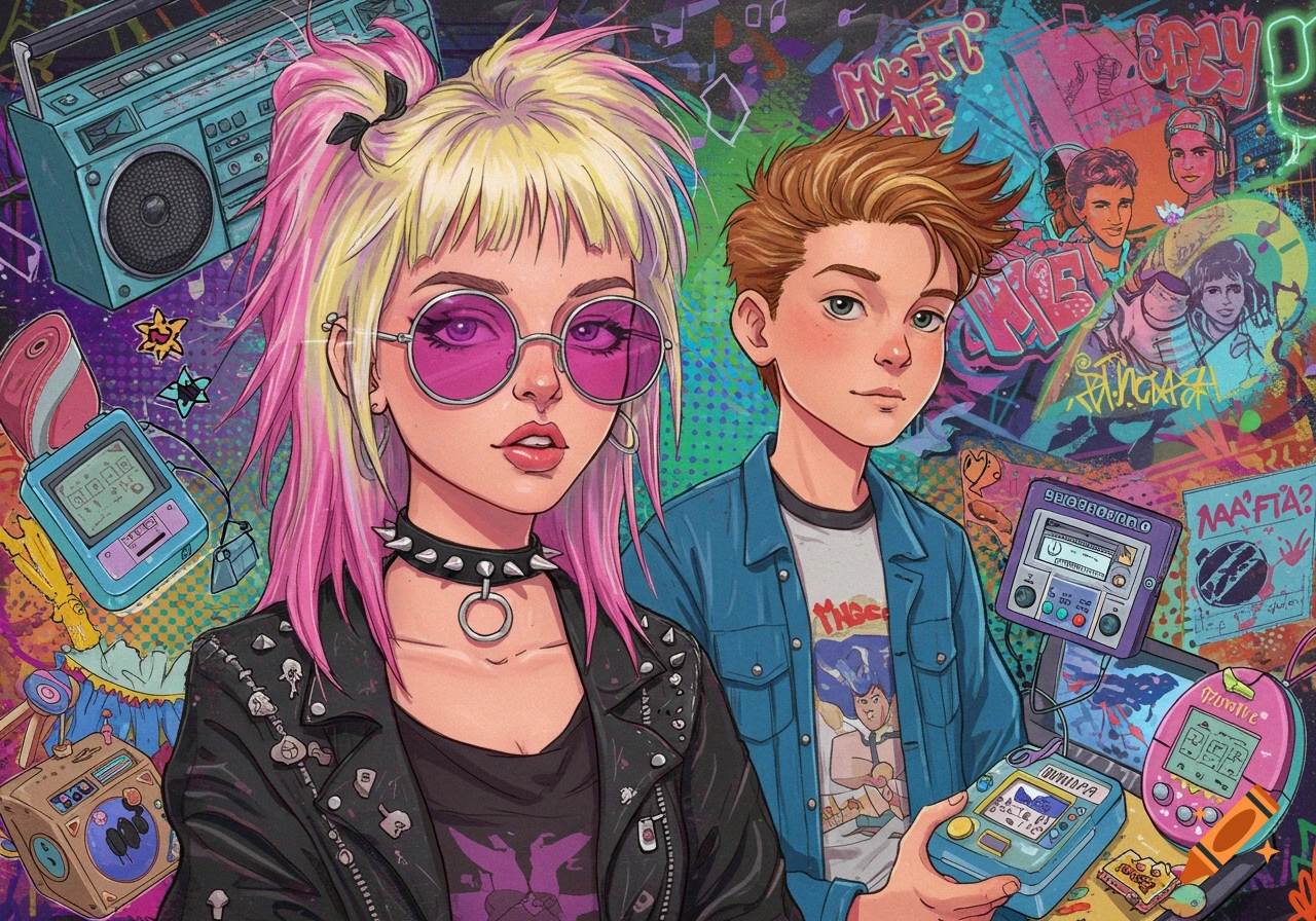 Illustration of two young people surrounded by 90s fads like a boombox and handheld games in a colorful style.