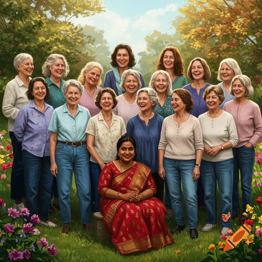 Illustration of a diverse group of smiling women posing outdoors among trees and flowers. One woman wears a red saree.