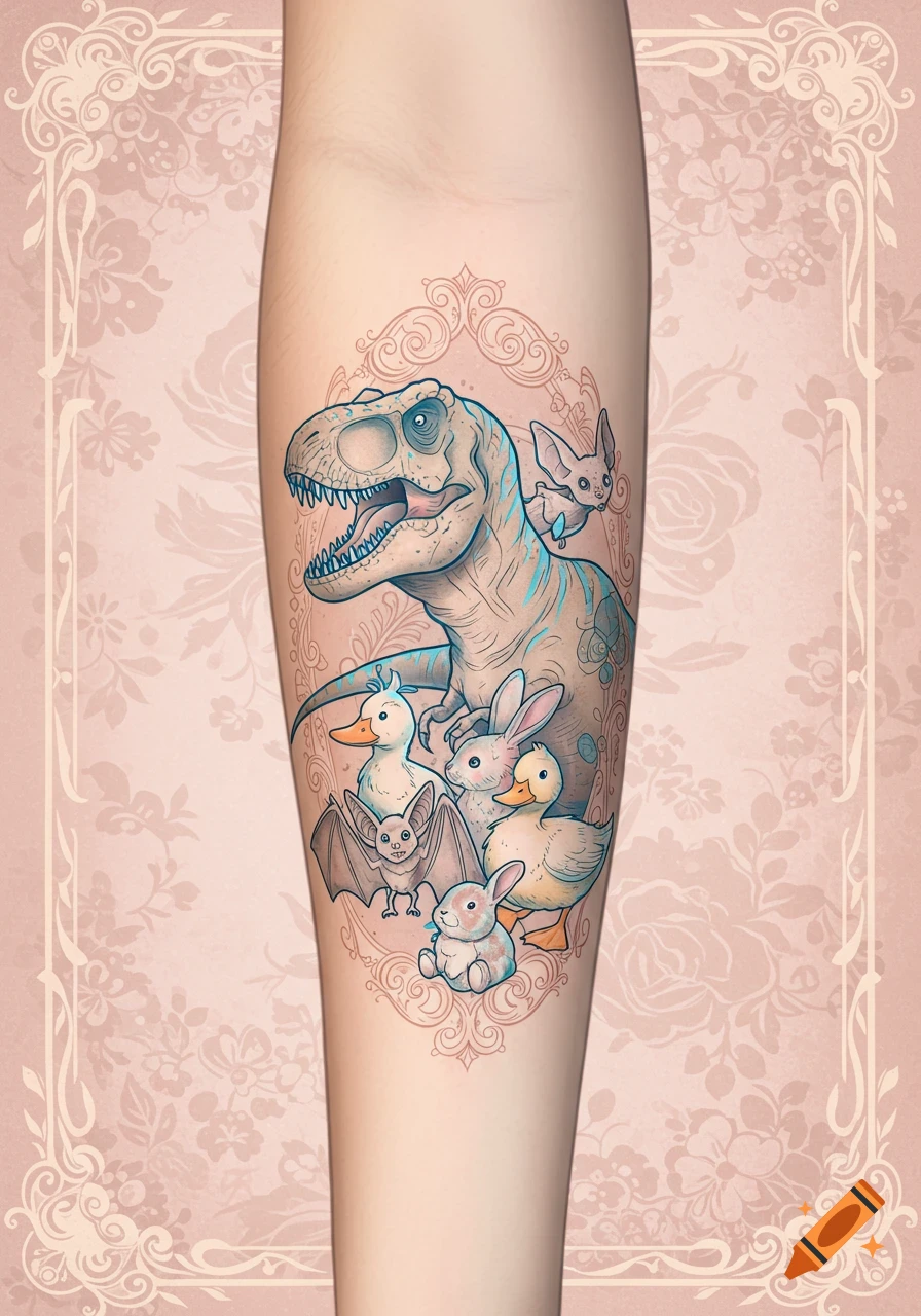 Cartoon tattoo of a T-Rex, bat, rabbits, and ducks on an arm within a floral frame.