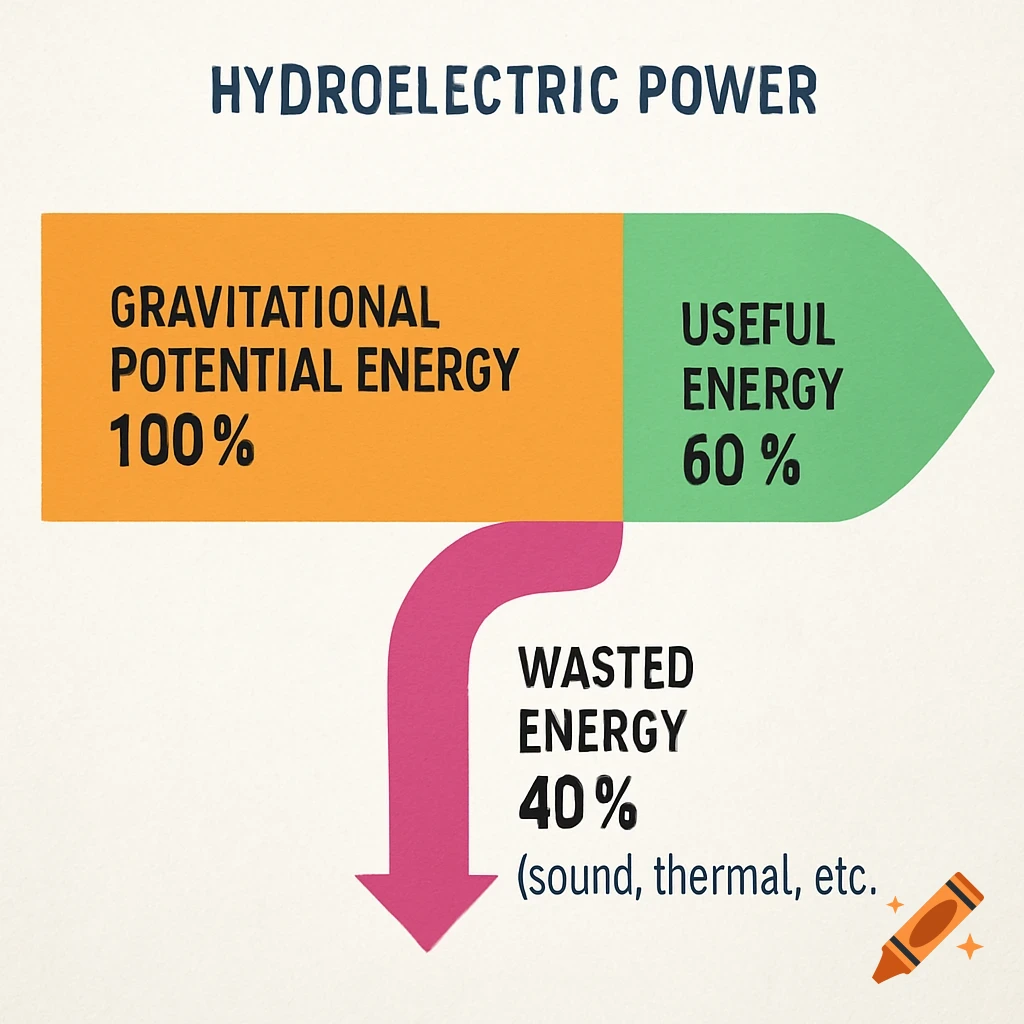 Diagram showing hydroelectric power energy conversion from gravitational potential energy to useful and wasted energy.