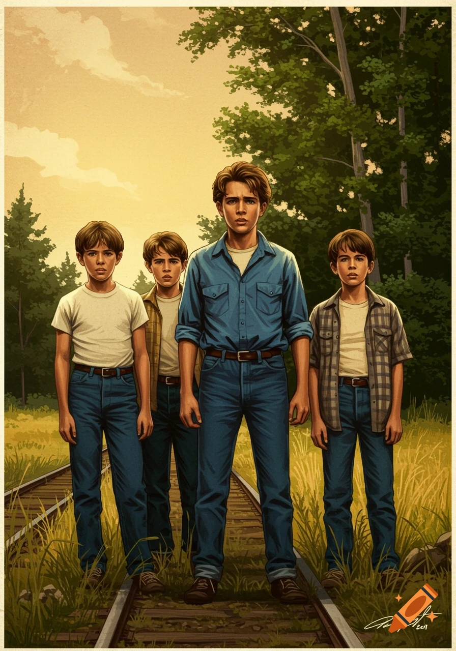 Illustration of four boys standing on train tracks in a field.