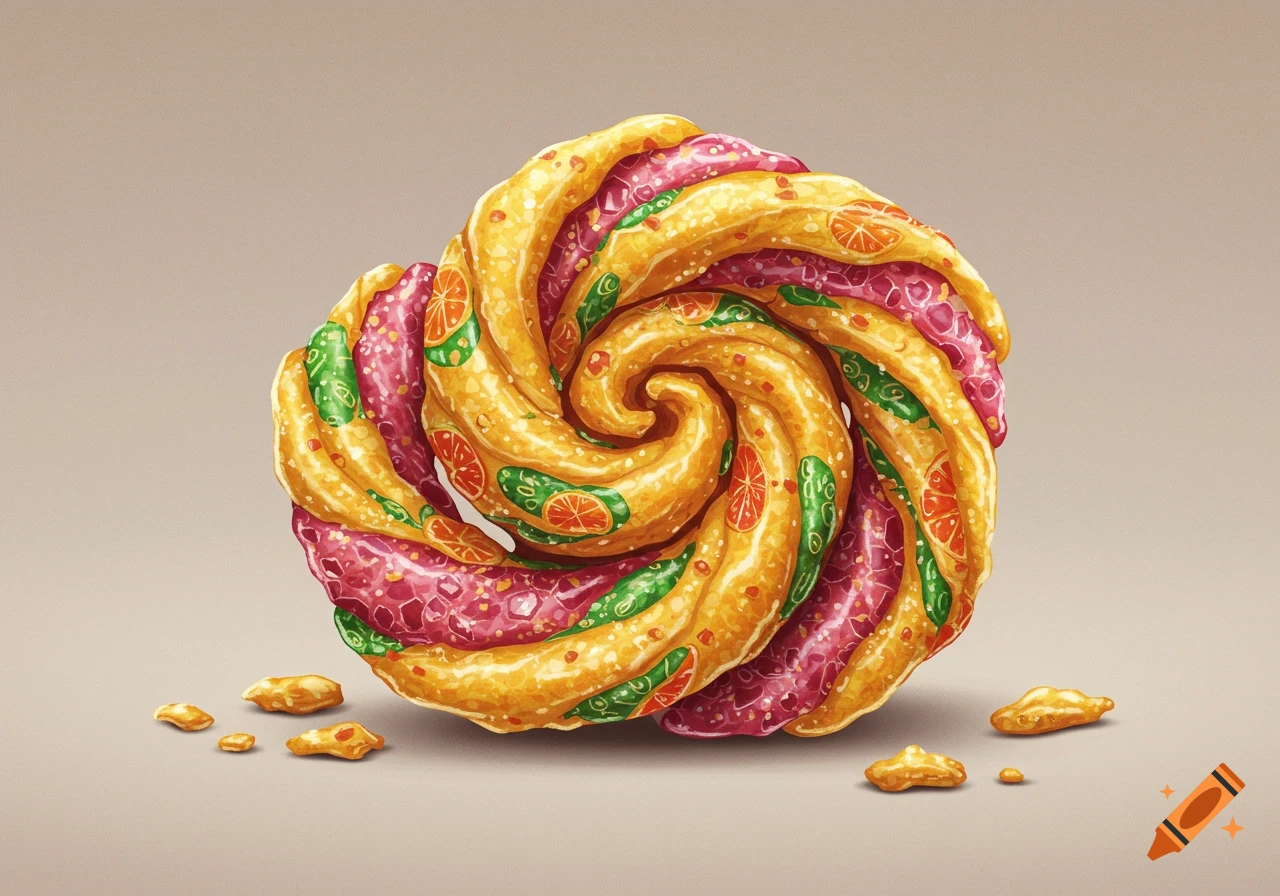 Swirl-shaped colorful candy with fruit patterns, illustration style on ...