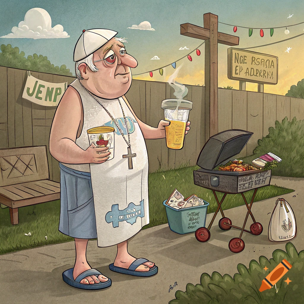 Cartoon illustration of a pope-like figure in casual clothes at a backyard BBQ.