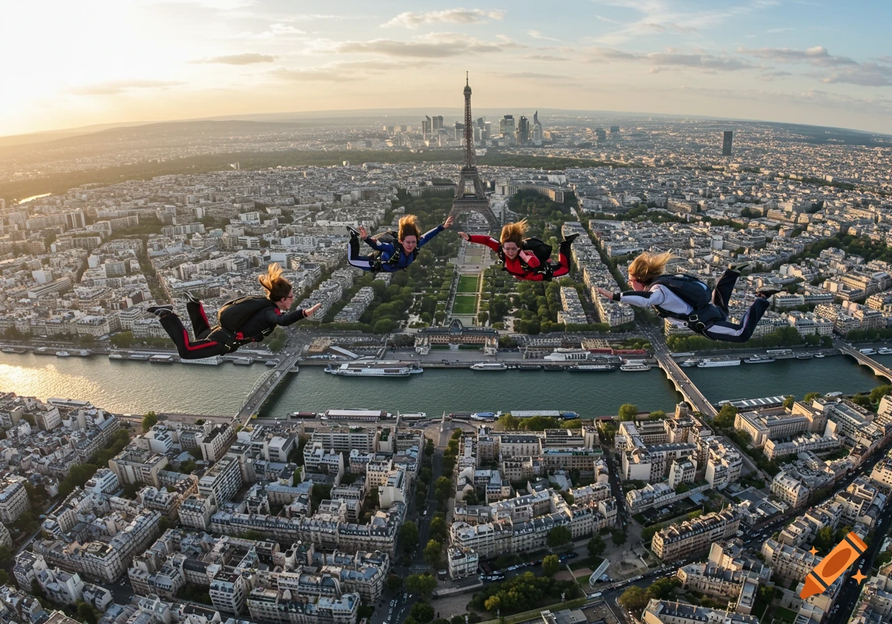 Four women skydiving over the city of Paris with the Eiffel Tower in the background, photorealistic.