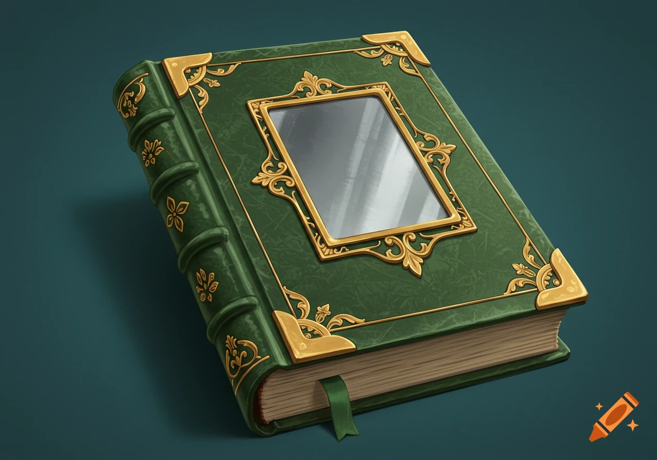 A green leather-bound book with gold trim and a grey mirror centered on the cover.