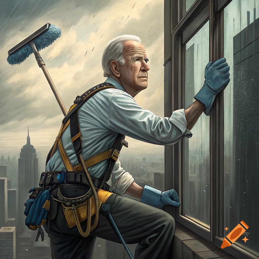 Joe Biden as a window washer cleaning a skyscraper window