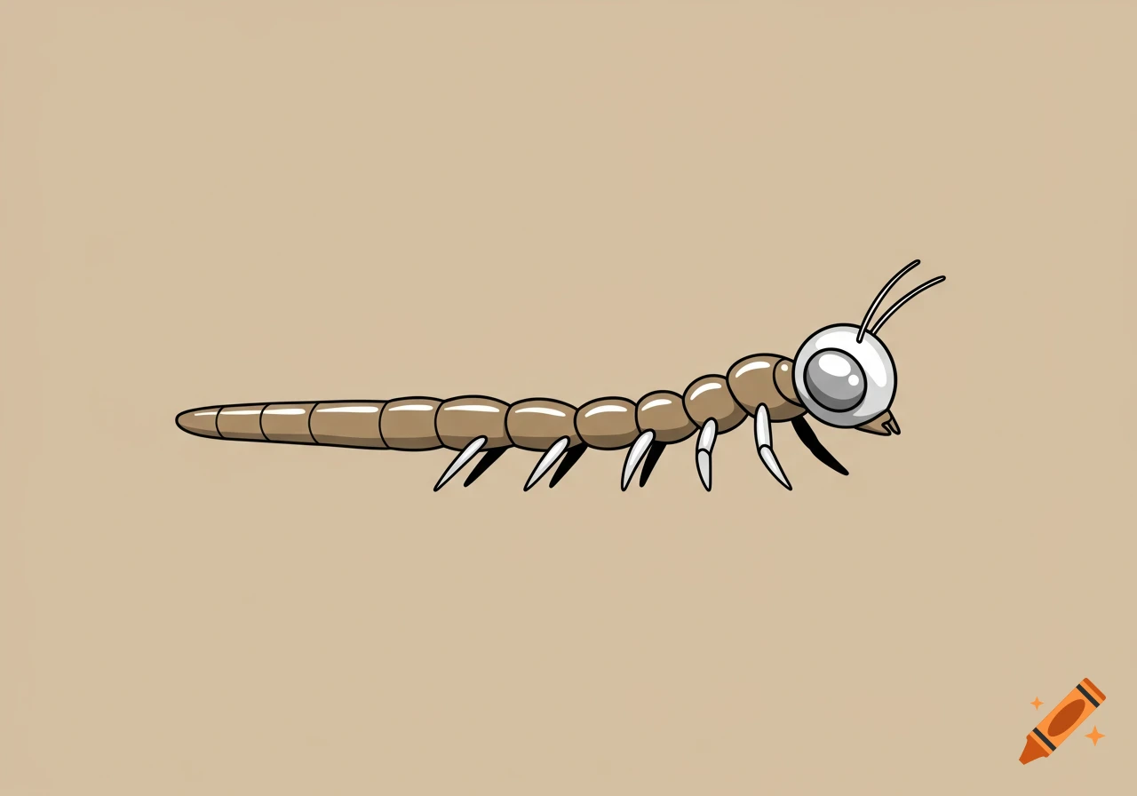 Cartoon insect with spherical head, antennae, segmented body, and legs on beige background.