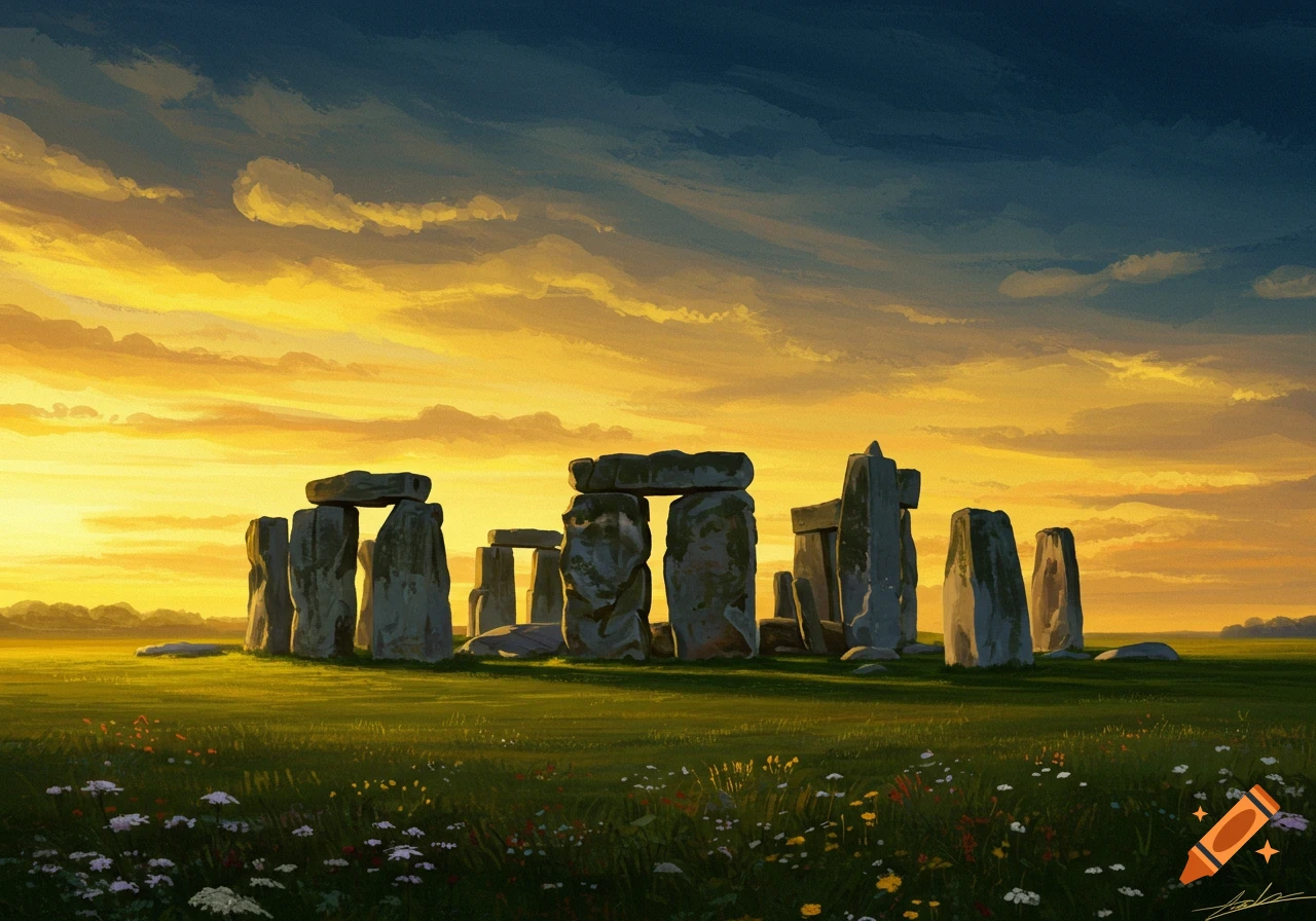 Painting of Stonehenge at sunset in a grassy field with flowers.