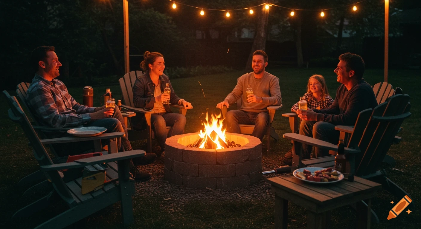Group of friends and family relax around a fire pit in a backyard at night, laughing and holding drinks.