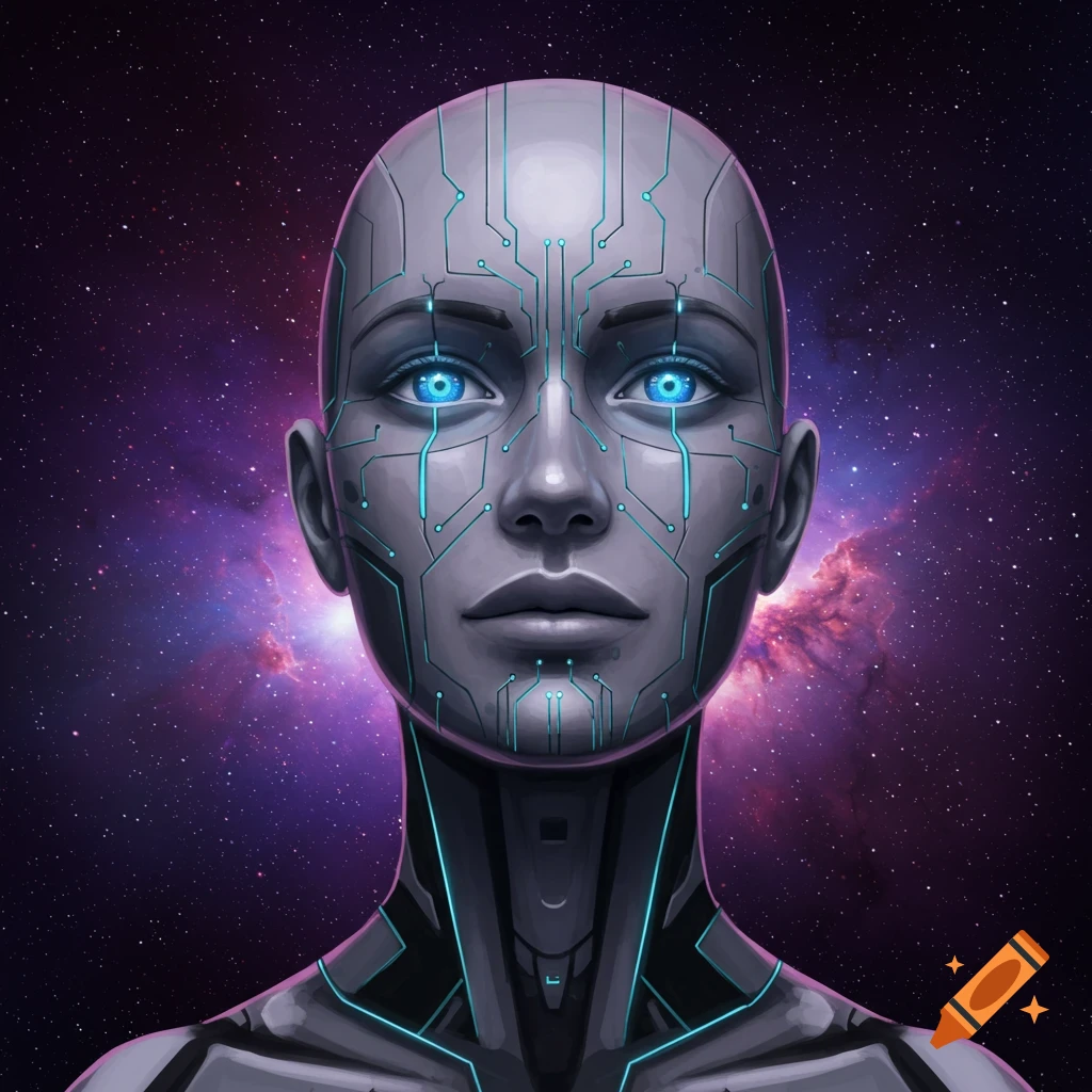Close-up portrait of a cyborg face with glowing blue eyes and circuitry patterns against a starry space background.