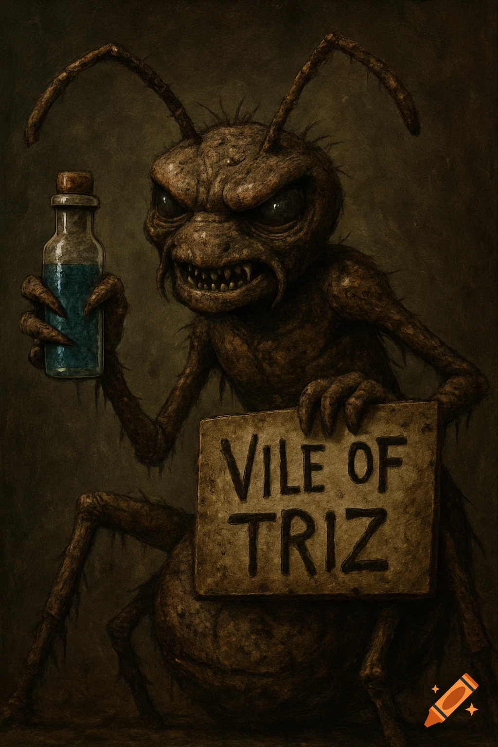 A grotesque, monstrous ant creature holding a glowing blue vial and a sign that reads 'VILE OF TRIZ'.