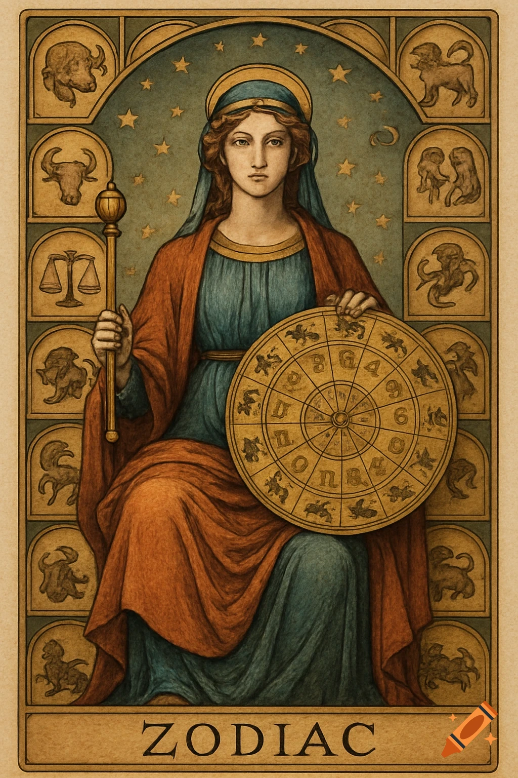 Woman holding a zodiac wheel in a tarot card with zodiac symbols and ZODIAC text.