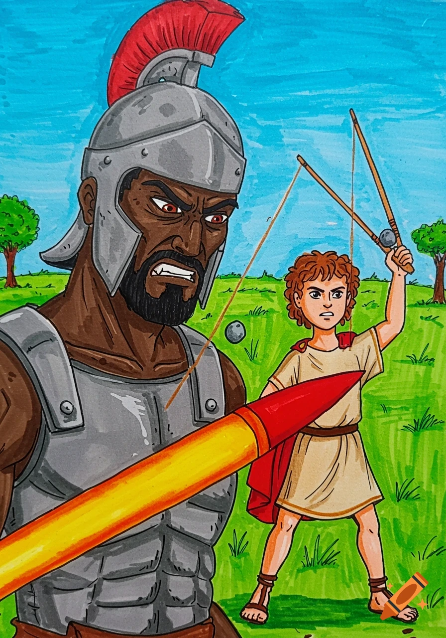 Illustration of Goliath and David with a slingshot in a field