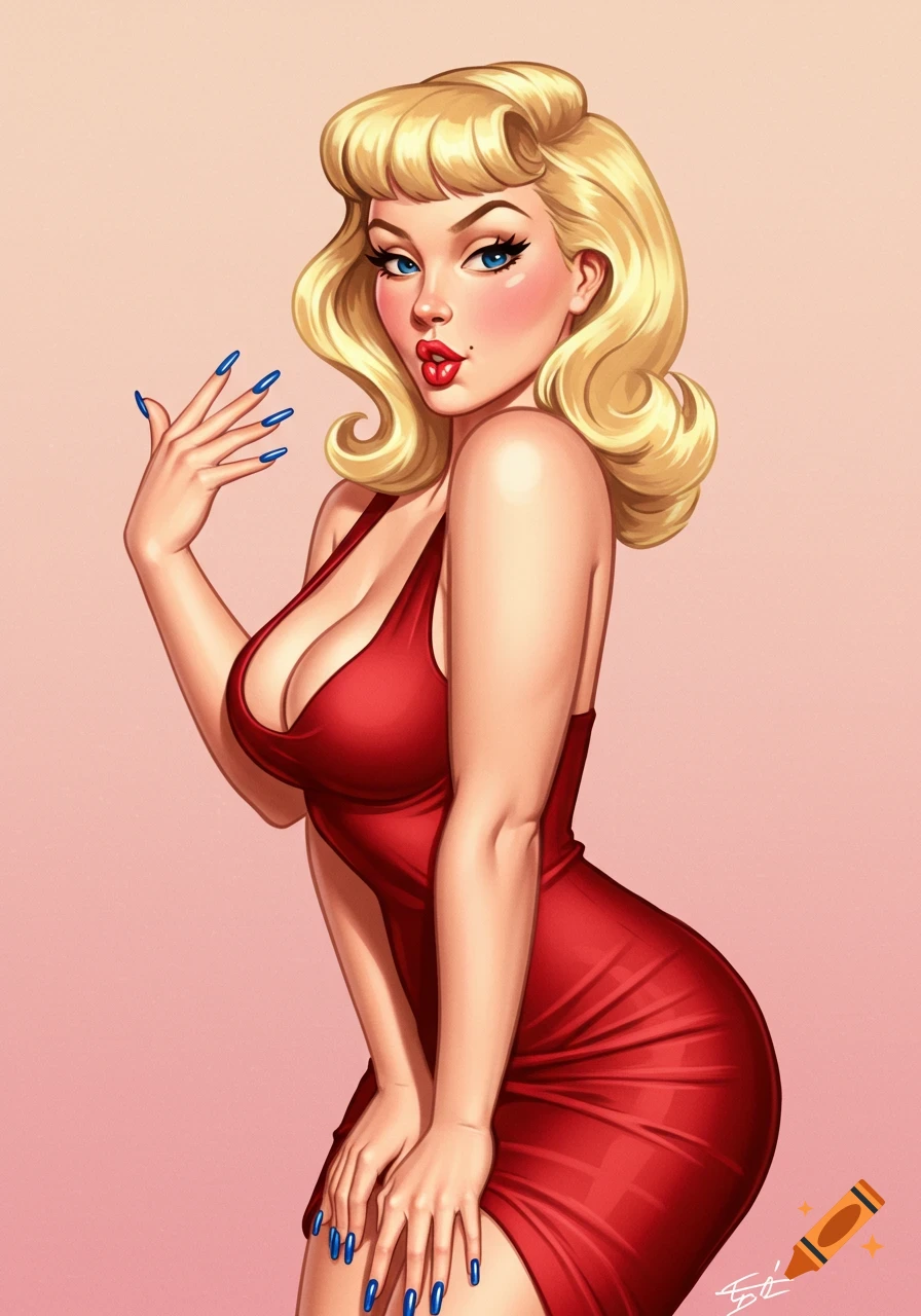 Stylized pin-up illustration of a blonde woman in a red dress with blue nails.