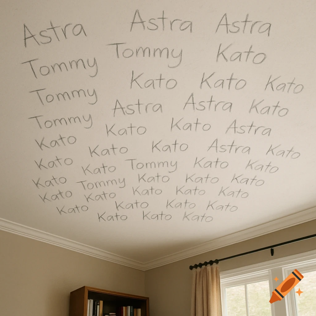 Names written in pencil on a room ceiling.