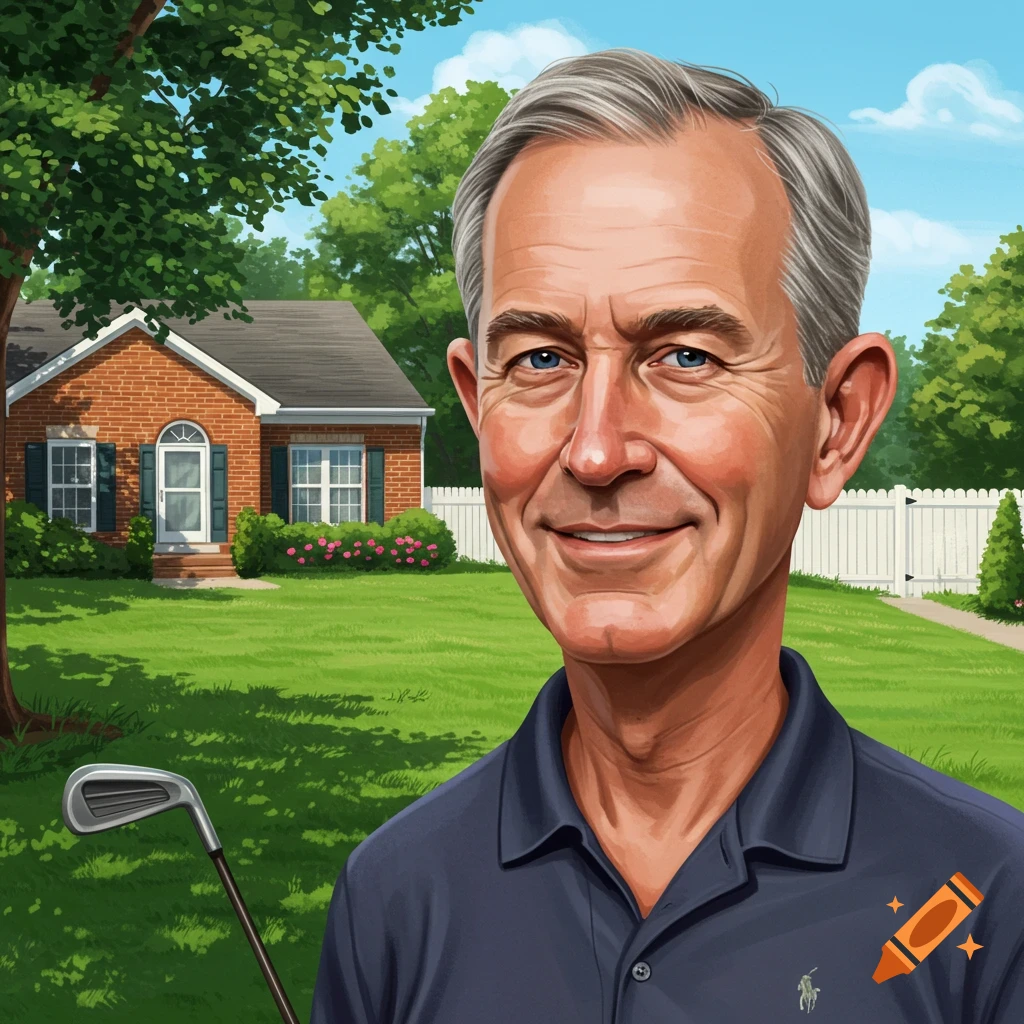 Portrait of a smiling man with a golf club in front of a house and green yard on a sunny day, stylized art.
