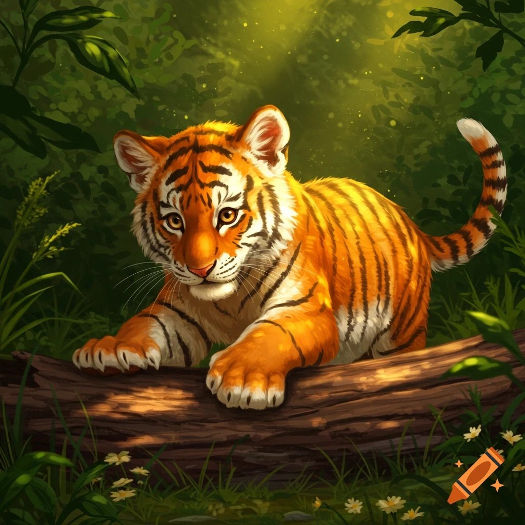 Golden tiger cub in a forest.