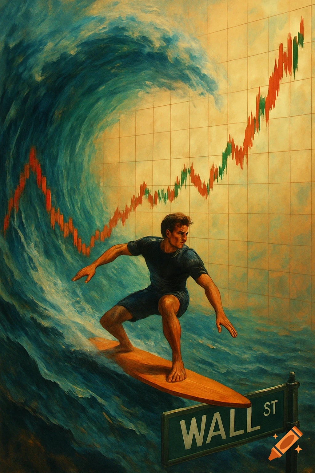 Surfer rides a wave made of a stock chart with a Wall Street sign.