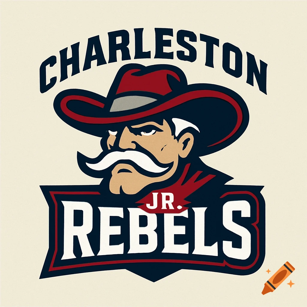 A logo featuring a stylized man in a cowboy hat and mustache, with the words CHARLESTON JR. REBELS