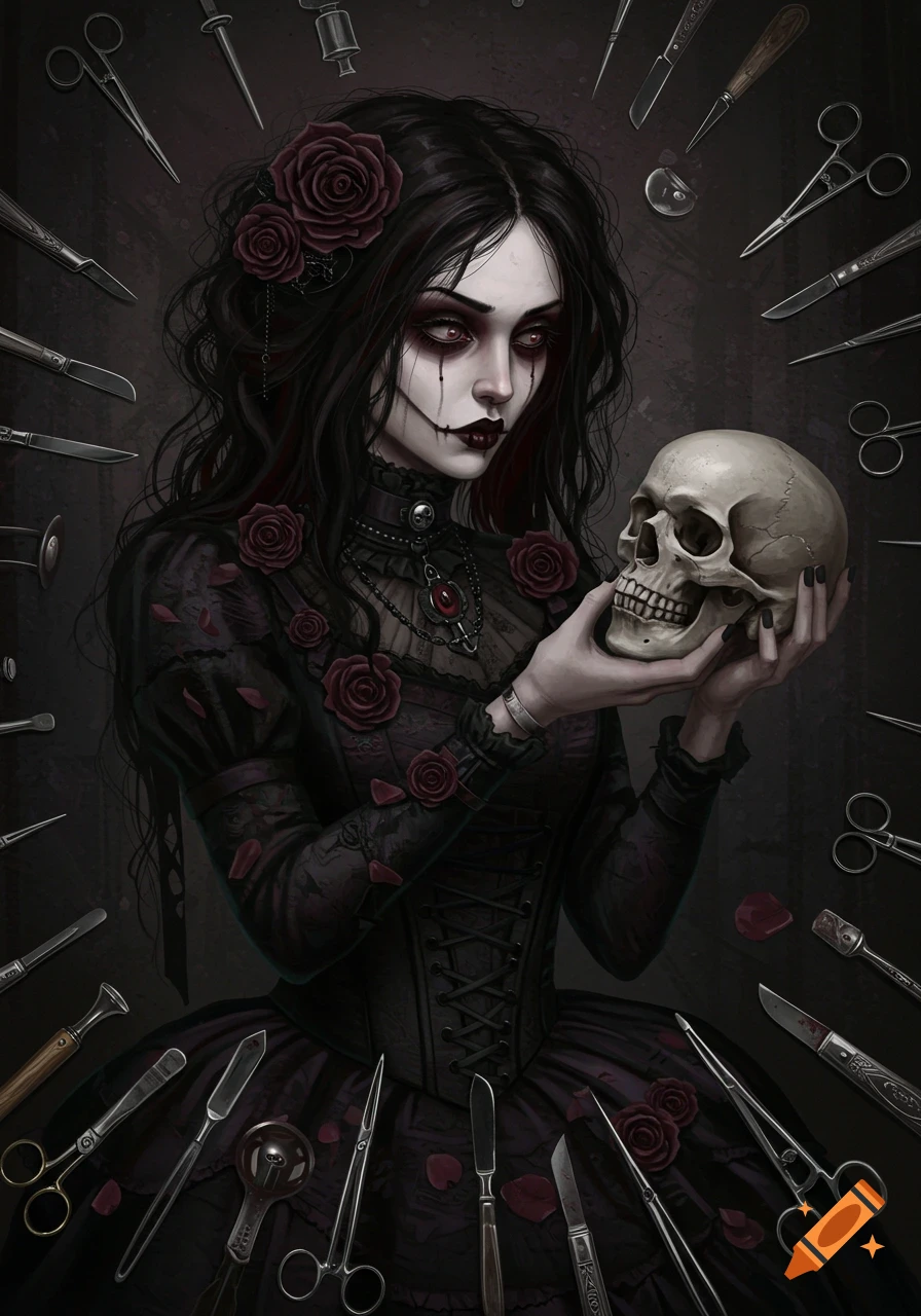 Gothic woman holding a skull surrounded by surgical tools and roses in a dark art style.