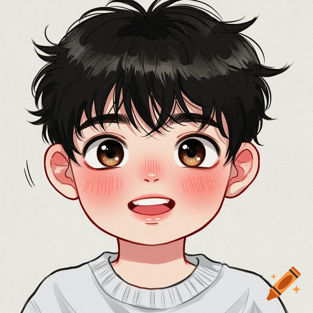 Manhwa-style illustration of a young boy's face with big eyes, black hair, and a smile.