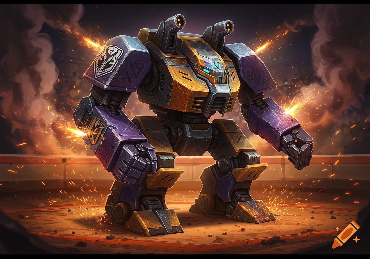 Purple and gold battle robot in an arena with sparks and smoke.