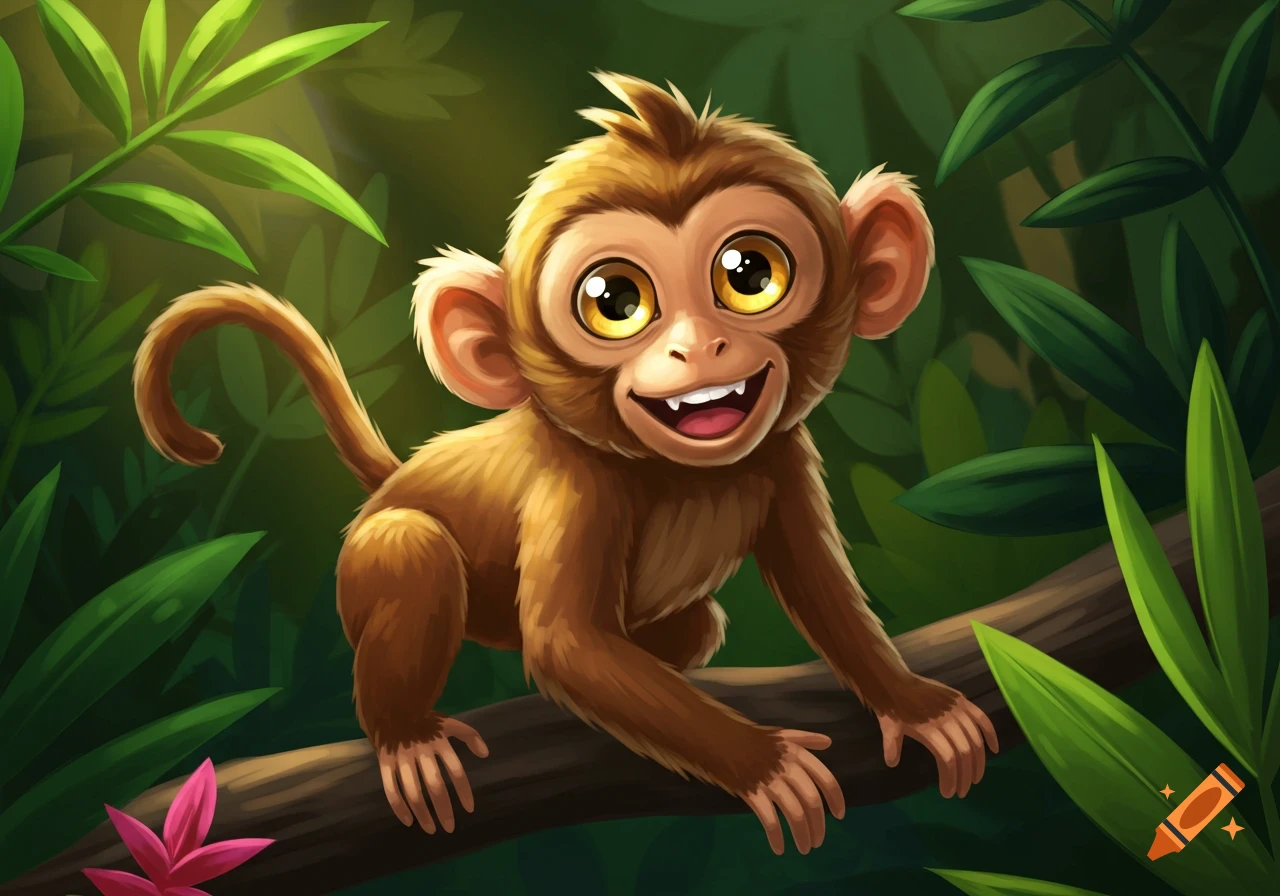 A cute cartoon monkey sits on a tree branch in a jungle illustration.