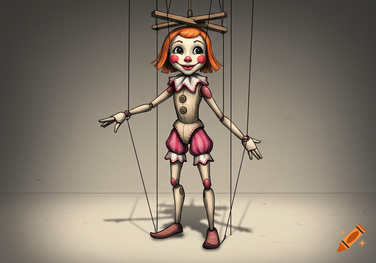Cartoon marionette doll with red hair and pink shorts on strings