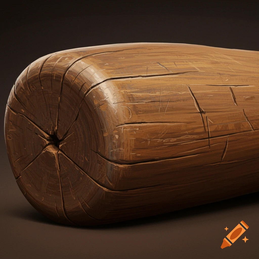 Close-up of a stylized wooden object resembling a baseball bat with visible grain and cracks.