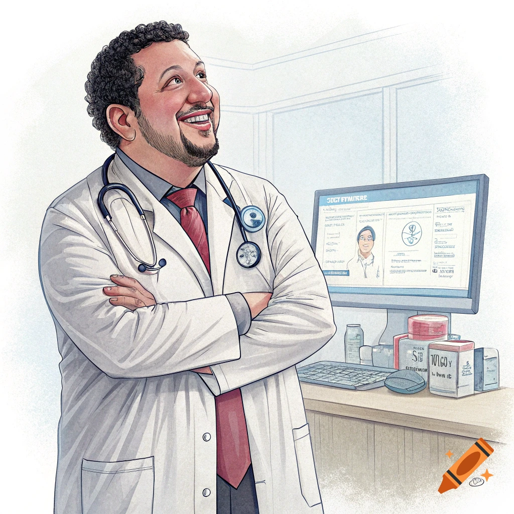 Illustration of a smiling doctor in a white coat and stethoscope standing in an office.