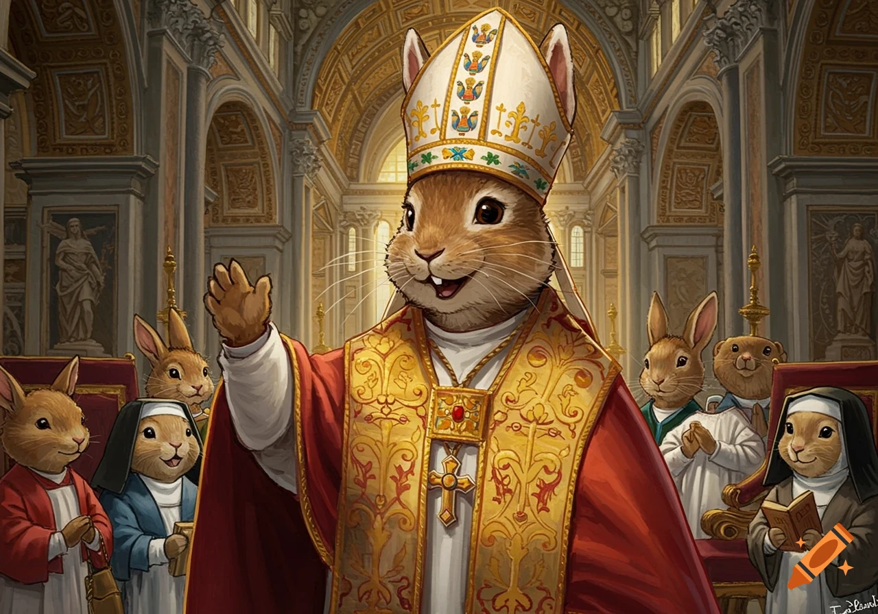 Anthropomorphic rabbit dressed as the pope stands in a grand church with other rabbits in religious attire. Detailed fantasy art.