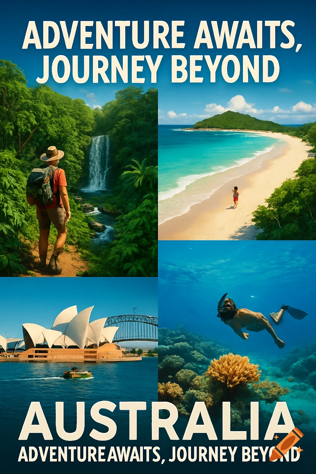 Collage of Australian scenes: hiking near waterfall, beach, Sydney Opera House, snorkeling. Text: Adventure Awaits, Journey Beyond AUSTRALIA.