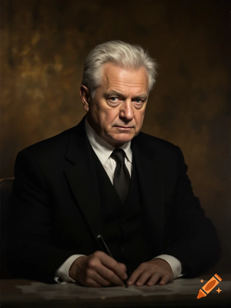 A middle-aged man with gray hair in a black suit sits at a table, writing with a pen.