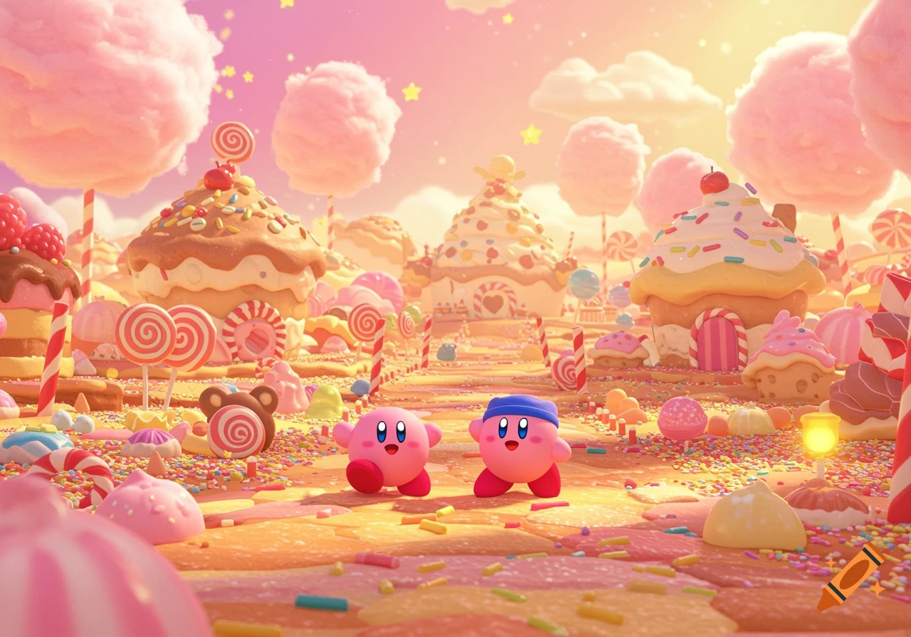 Kirby and Bandana Waddle Dee walk through a whimsical candy land filled with giant cupcakes, lollipops, and sweets.