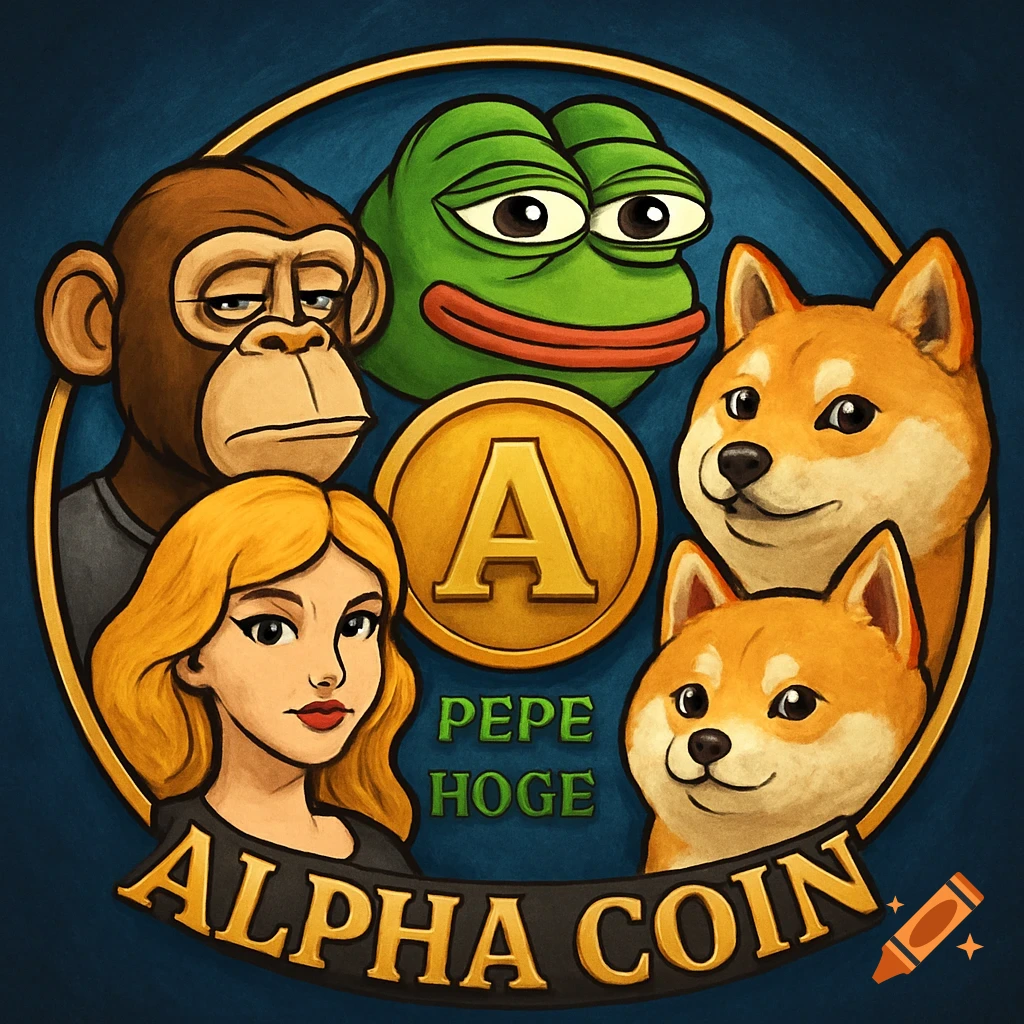 Cartoon illustration of a monkey, woman, Pepe the Frog, and two Shiba Inu dogs around a coin with text 'PEPE HOGE ALPHA COIN'.