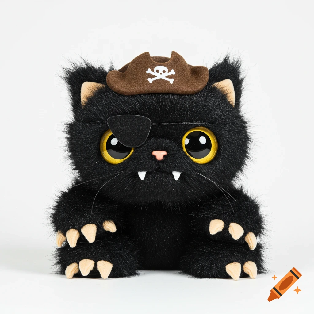 A black fluffy plush cat dressed as a pirate, with an eyepatch and hat with skull and crossbones.