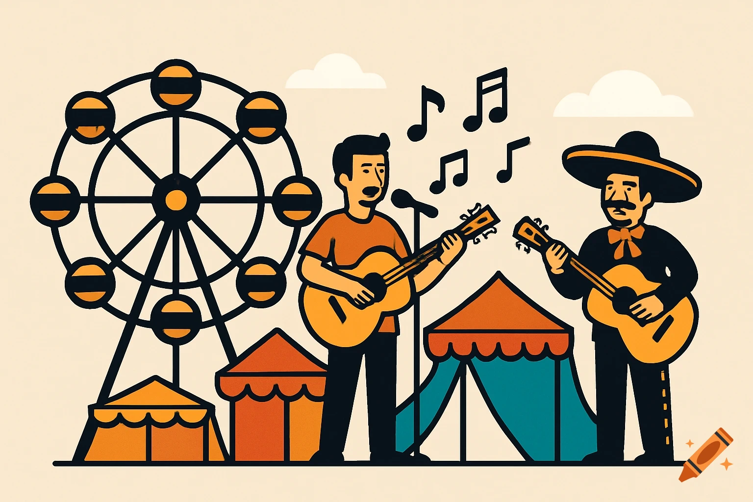 Stylized illustration of a street fair with a Ferris wheel, tents, and two musicians playing music.